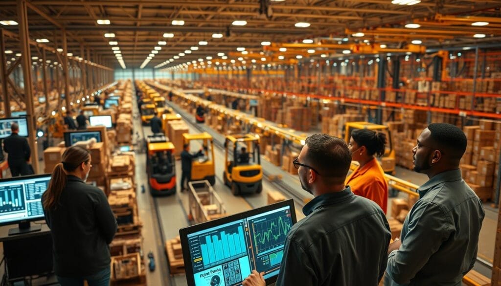A bustling logistics hub, illuminated by warm, ambient lighting. In the foreground, a team of logistics experts monitors real-time data displayed on high-resolution screens, their faces aglow with the digital information. The middle ground features an intricate network of conveyor belts, forklifts, and robotic arms, all working in harmony to move packages efficiently. In the background, a panoramic view of the warehouse reveals a complex web of interconnected systems, seamlessly orchestrating the flow of goods. The overall atmosphere conveys a sense of precision, control, and forward-thinking innovation. "AI Automation Consultant" branding is subtly integrated into the scene, highlighting the advanced technological capabilities that power this real-time logistics visibility.