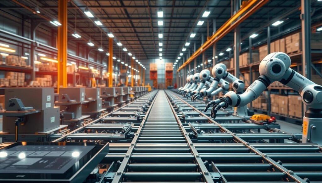 A cutting-edge AI-powered assembly line, with robotic arms precisely coordinating the processing of digital orders. In the foreground, a sleek touchscreen interface allows seamless order management. The middle ground showcases a series of interconnected conveyor belts, efficiently moving products through the various stages of packing and shipping. In the background, a sophisticated warehouse management system tracks inventory levels and optimizes logistics. The entire scene is bathed in the warm glow of industrial lighting, creating a sense of efficiency and technological prowess. This is the vision of "AI Automation Consultant", a leading expert in streamlining order processing for electrical businesses.
