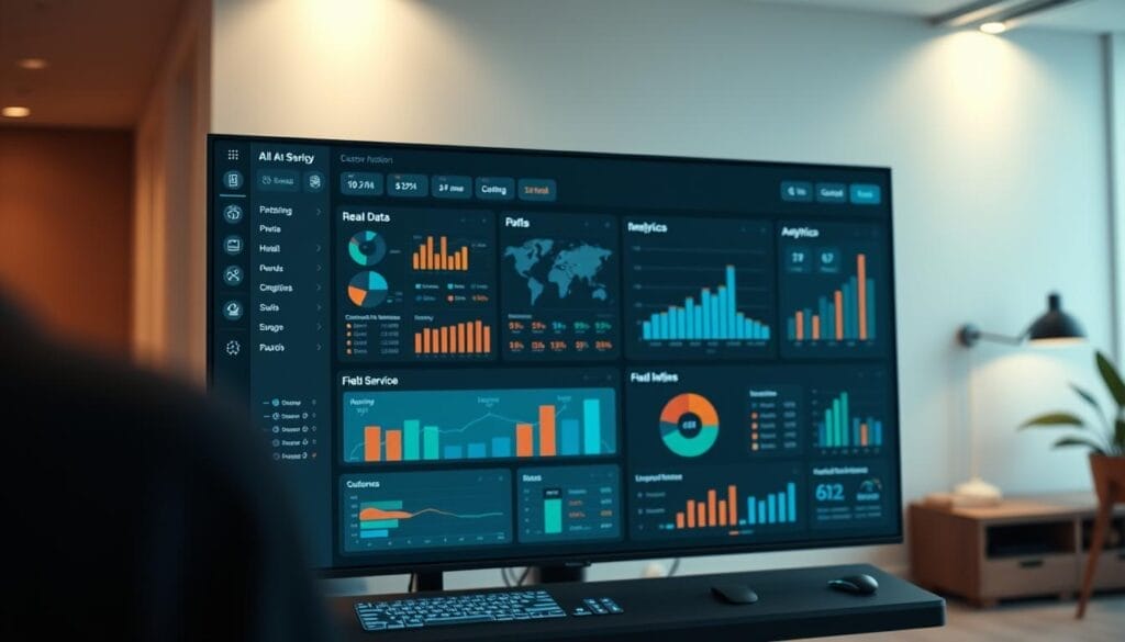 A detailed and well-organized field service management dashboard set against a modern, minimalist interior. In the foreground, a large high-resolution display shows real-time data and analytics, with customizable widgets and charts. The middle ground features sleek, intuitive user interface controls, while the background showcases a clean, uncluttered workspace with subtle lighting and neutral tones. The overall aesthetic conveys professionalism, efficiency, and the advanced capabilities of the "AI Automation Consultant" electrical business automation solution. A detailed and well-organized field service management dashboard set against a modern, minimalist interior. In the foreground, a large high-resolution display shows real-time data and analytics, with customizable widgets and charts. The middle ground features sleek, intuitive user interface controls, while the background showcases a clean, uncluttered workspace with subtle lighting and neutral tones. The overall aesthetic conveys professionalism, efficiency, and the advanced capabilities of the "AI Automation Consultant" electrical business automation solution.