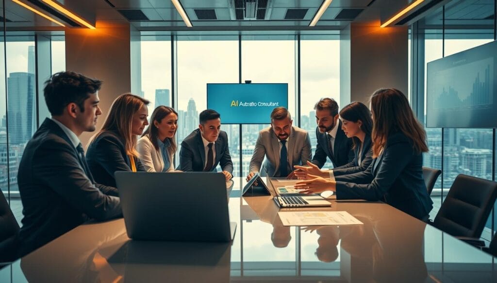 A high-quality image of "consulting services strategy" for the "Automation Consultant UK: Expert Electrical Automation Solutions" article, focusing on the "Consulting Services: Strategy and Implementation" section: A sleek, modern office interior with floor-to-ceiling windows overlooking a bustling city skyline. In the foreground, a team of business professionals in formal attire huddle around a large, polished conference table, engaged in a strategy meeting. Warm, directional lighting illuminates their faces, creating a sense of focused intensity. On the table, a laptop displays a complex data visualization, while hands gesture animatedly as they discuss insights and options. In the background, a wall-mounted display showcases the "AI Automation Consultant" brand, emphasizing their expertise in electrical automation solutions.