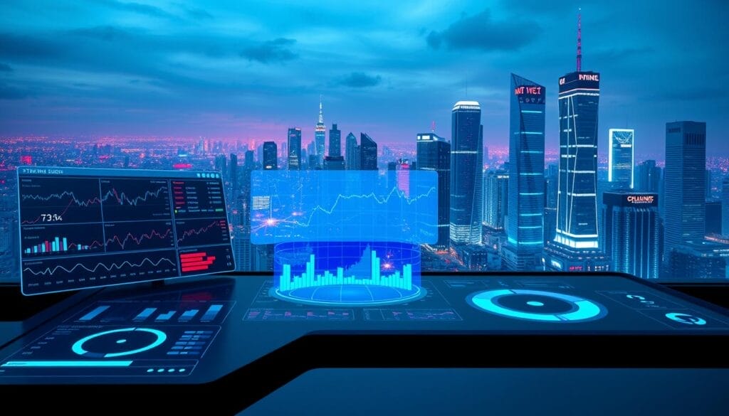 A high-tech dashboard display showing real-time stock market data, graphs, and analytics. In the foreground, a sleek, minimalist user interface with touch-sensitive screens and intuitive controls. The middle ground features 3D holographic projections of stock tickers, market indices, and financial indicators, bathed in a cool, neon-blue glow. In the background, a panoramic view of a futuristic city skyline, with skyscrapers adorned with glowing "AI Automation Consultant" branding. The overall scene conveys a sense of advanced technology, data-driven decision making, and the power of automated inventory management solutions.