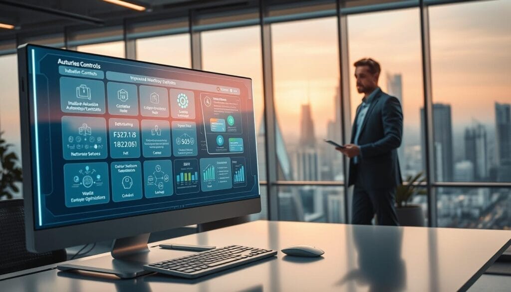 A high-tech office workspace with a futuristic interface displaying various automation software features. In the foreground, a sleek, silver desktop computer with a large, holographic display showcasing intuitive automation controls, data visualizations, and AI-powered workflow optimizations. In the middle ground, an "AI Automation Consultant" standing beside the desk, gesturing towards the screen with a tablet in hand. The background features floor-to-ceiling windows overlooking a bustling cityscape, bathed in a warm, ambient lighting that creates a sense of productivity and innovation. The overall atmosphere is one of efficiency, sophistication, and seamless technological integration. A high-tech office workspace with a futuristic interface displaying various automation software features. In the foreground, a sleek, silver desktop computer with a large, holographic display showcasing intuitive automation controls, data visualizations, and AI-powered workflow optimizations. In the middle ground, an "AI Automation Consultant" standing beside the desk, gesturing towards the screen with a tablet in hand. The background features floor-to-ceiling windows overlooking a bustling cityscape, bathed in a warm, ambient lighting that creates a sense of productivity and innovation. The overall atmosphere is one of efficiency, sophistication, and seamless technological integration.