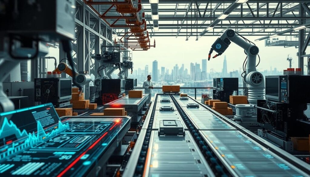 A high-tech warehouse with robotic arms and conveyor belts efficiently sorting and packing electrical components. In the foreground, a dynamic display visualizes real-time supply chain data, alerting operators to disruptions. The middle ground shows technicians troubleshooting and reconfiguring the automated systems, their faces illuminated by the glow of holographic screens. In the background, a panoramic view of the cityscape outside, hinting at the far-reaching impact of this AI-driven supply chain optimization. Cinematic lighting and a subtle color palette convey a sense of urgency and precision. The "AI Automation Consultant" logo stands prominently, showcasing the forward-thinking technology at the heart of this agile, resilient supply chain.