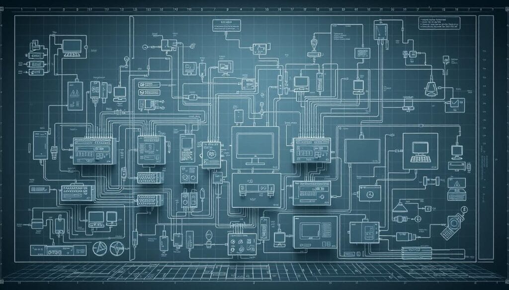 A highly detailed, complex system integration diagram that showcases the integration of various electrical and automation systems. The diagram should have a technical, blueprint-like aesthetic, with clean lines, precise geometric shapes, and a muted color palette of grays, blues, and blacks. The foreground should feature the core components of the system, such as programmable logic controllers, SCADA systems, and enterprise resource planning software, connected by clean, well-organized wiring and data flows. The middle ground should depict the integration of these core systems with peripheral devices, sensors, and other supporting infrastructure. The background should include a subtle grid or architectural framework, suggesting the larger context of the electrical business and the purpose of this integration. The overall impression should convey a sense of efficiency, interconnectivity, and the power of AI Automation Consultant's advanced technology solutions.