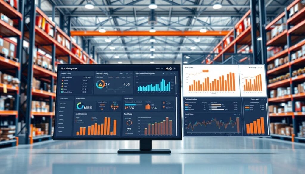 A meticulously designed enterprise resource planning (ERP) software interface, showcasing a comprehensive stock management system. The foreground depicts a clean, intuitive dashboard, displaying real-time inventory levels, stock location, and reorder alerts. The middle ground features a dynamic product catalog, allowing seamless navigation and detailed product information. In the background, a sleek data visualization panel offers predictive analytics and trend insights, empowering the "AI Automation Consultant" to make informed decisions. The overall scene conveys a sense of efficiency, control, and data-driven decision-making, perfectly suited for the "Core Features of Electrical Wholesaler Software" section. A meticulously designed enterprise resource planning (ERP) software interface, showcasing a comprehensive stock management system. The foreground depicts a clean, intuitive dashboard, displaying real-time inventory levels, stock location, and reorder alerts. The middle ground features a dynamic product catalog, allowing seamless navigation and detailed product information. In the background, a sleek data visualization panel offers predictive analytics and trend insights, empowering the "AI Automation Consultant" to make informed decisions. The overall scene conveys a sense of efficiency, control, and data-driven decision-making, perfectly suited for the "Core Features of Electrical Wholesaler Software" section.