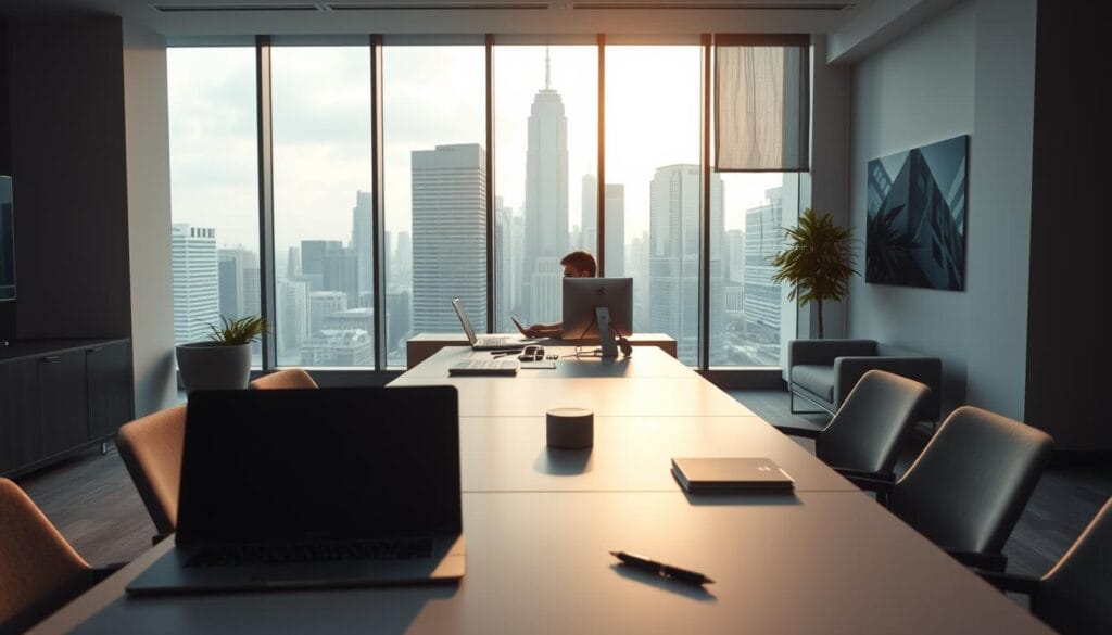 A modern, minimalist office interior with sleek furniture and clean lines. In the foreground, a desk with a laptop, tablet, and other office supplies, representing the "customer experience automation" theme. The middle ground features a person, an "AI Automation Consultant", sitting at the desk and working on the computer. In the background, large windows provide natural lighting and a view of a bustling city skyline, symbolizing the transformative power of business automation. The lighting is soft and warm, creating a professional and inviting atmosphere. The color palette is muted and sophisticated, with shades of gray, blue, and white predominating. A modern, minimalist office interior with sleek furniture and clean lines. In the foreground, a desk with a laptop, tablet, and other office supplies, representing the "customer experience automation" theme. The middle ground features a person, an "AI Automation Consultant", sitting at the desk and working on the computer. In the background, large windows provide natural lighting and a view of a bustling city skyline, symbolizing the transformative power of business automation. The lighting is soft and warm, creating a professional and inviting atmosphere. The color palette is muted and sophisticated, with shades of gray, blue, and white predominating.