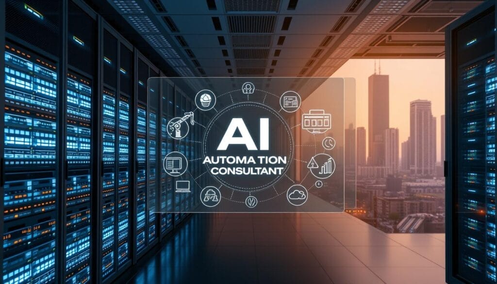 A modern, sleek data center filled with rows of servers and LED-lit control panels, bathed in a soft, diffused light. In the foreground, a holographic display showcases various automation technologies, including robotics, AI-powered industrial controls, and cloud-based management platforms. The middle ground features an "AI Automation Consultant" logo prominently displayed, surrounded by diagrams and schematics illustrating the integrated capabilities of these cutting-edge systems. The background depicts a cityscape of towering skyscrapers, hinting at the urban environment where these advanced automation solutions are deployed to optimize industrial processes and drive innovation.