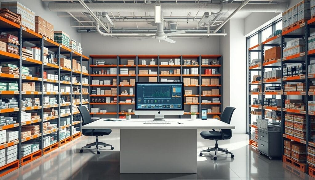 A modern, well-lit office with a large central desk displaying an inventory management software interface. The desk is surrounded by shelves of neatly organised products, suggesting a comprehensive inventory system. The overall atmosphere conveys efficiency, organisation, and the power of automation to transform electrical business inventory management.