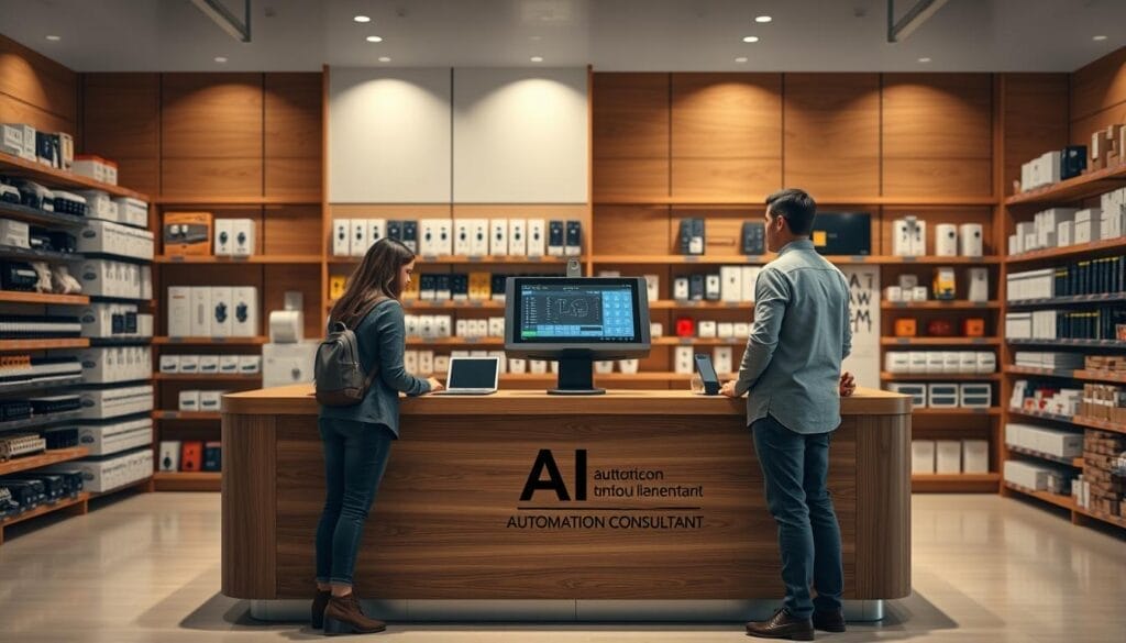 A modern, well-lit trade counter with an EPOS (Electronic Point of Sale) system at the center. The counter is made of sleek, polished wood, adorned with the "AI Automation Consultant" branding. Customers stand at the counter, interacting with the touchscreen interface to complete their transactions. The background features an organized, neatly-stocked shelving system, showcasing a variety of electrical products. Soft, neutral-toned lighting creates a warm, inviting atmosphere, enhancing the professionalism and efficiency of the trade counter experience.