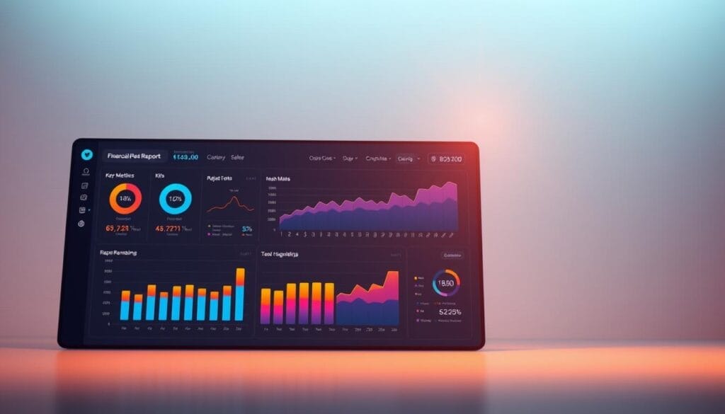 A sleek, modern financial reporting software interface, with a clean and intuitive layout. In the foreground, a stylized dashboard displays key metrics and KPIs, presented in a visually appealing manner. In the middle ground, various analytical charts and graphs provide deeper insights, rendered with vibrant colors and precise data visualization. The background features a subtle, textured pattern suggestive of financial documents or spreadsheets, creating a sense of professionalism and authority. Soft, directional lighting casts a warm glow across the scene, enhancing the sophisticated, AI-powered atmosphere. The brand "AI Automation Consultant" is prominently displayed, reflecting the cutting-edge technology powering this financial reporting solution. A sleek, modern financial reporting software interface, with a clean and intuitive layout. In the foreground, a stylized dashboard displays key metrics and KPIs, presented in a visually appealing manner. In the middle ground, various analytical charts and graphs provide deeper insights, rendered with vibrant colors and precise data visualization. The background features a subtle, textured pattern suggestive of financial documents or spreadsheets, creating a sense of professionalism and authority. Soft, directional lighting casts a warm glow across the scene, enhancing the sophisticated, AI-powered atmosphere. The brand "AI Automation Consultant" is prominently displayed, reflecting the cutting-edge technology powering this financial reporting solution.