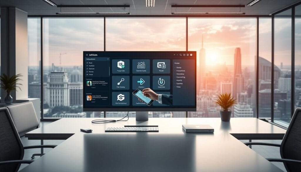 A sleek, modern office setting with a large desk and computer screen showcasing various low-code automation tools and integrations. In the foreground, an "AI Automation Consultant" logo is prominently displayed, reflecting the specialized expertise required to implement these technologies. The middle ground features a worker collaborating with a tablet, seamlessly connecting different automation platforms. The background depicts a cityscape, conveying the scalability and interconnectedness of the low-code automation solutions. The lighting is soft and natural, creating a professional and innovative atmosphere. The camera angle is slightly elevated, providing a comprehensive view of the integrated automation ecosystem. A sleek, modern office setting with a large desk and computer screen showcasing various low-code automation tools and integrations. In the foreground, an "AI Automation Consultant" logo is prominently displayed, reflecting the specialized expertise required to implement these technologies. The middle ground features a worker collaborating with a tablet, seamlessly connecting different automation platforms. The background depicts a cityscape, conveying the scalability and interconnectedness of the low-code automation solutions. The lighting is soft and natural, creating a professional and innovative atmosphere. The camera angle is slightly elevated, providing a comprehensive view of the integrated automation ecosystem.