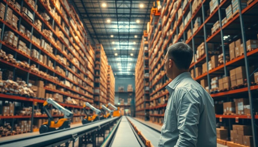 A vast, meticulously organized automated warehouse, bathed in warm industrial lighting. Towering shelves stretch to the high ceiling, stocked with precisely arranged products. Robotic arms glide smoothly, efficiently moving inventory with laser-guided precision. Conveyor belts wind through the space, carrying goods to their destinations. In the foreground, an "AI Automation Consultant" oversees the seamless operations, ensuring maximum efficiency and accuracy. The scene conveys a sense of technological prowess, streamlined workflow, and unparalleled control over the supply chain. supply chain automation