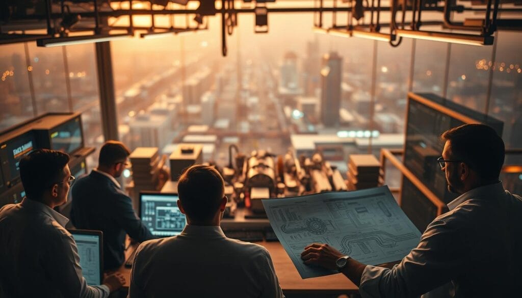 Dramatic overhead shot of an AI Automation Consultant office, bathed in warm, diffused lighting. In the foreground, a team of experts poring over detailed technical diagrams and real-world automation case studies, their faces illuminated by the soft glow of computer screens. In the middle ground, a series of interconnected control panels and machinery, hinting at the complex systems they manage. The background fades into a blurred cityscape, suggesting the wide-reaching impact of their work. The atmosphere is one of focused, collaborative problem-solving, reflecting the AI Automation Consultant's commitment to delivering cutting-edge electrical automation solutions.