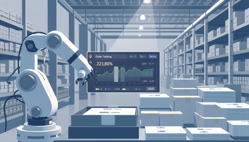 High-resolution digital illustration of an order processing workflow showcasing efficiency and automation, using a muted color palette with a focus on clean lines and minimalist design. In the foreground, a robotic arm efficiently sorts and packages physical orders, while a digital dashboard in the middle ground displays real-time order tracking and status updates. In the background, shelves of neatly organized inventory and a futuristic warehouse with automated storage and retrieval systems. Lighting is soft and indirect, creating a sense of sophistication and technological prowess. Branding for "AI Automation Consultant" is tastefully incorporated into the scene.