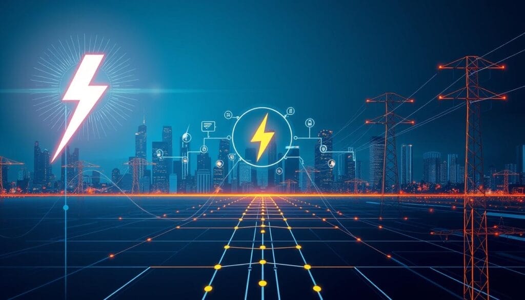A modern and sleek digital transformation illustration showcasing the benefits for electrical wholesalers. In the foreground, a stylized graphic of a lightning bolt symbolizes the power of digital technology. In the middle ground, a network of interconnected devices and icons represents improved efficiency, data-driven decision making, and streamlined operations. In the background, a minimalist cityscape with skyscrapers and power lines conveys the broader industry landscape. Vibrant colors, clean lines, and a sense of dynamism create an impactful and forward-looking visual. Lighting is soft and directional, creating depth and drama. Captured with a wide-angle lens to emphasize the expansive, future-focused perspective. Prompt by AI Automation Consultant.