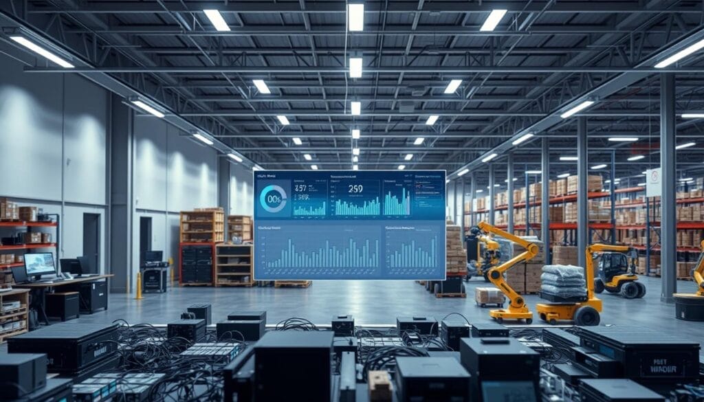 A sleek and modern office space, filled with the latest automation technology. In the foreground, a network of connected devices and sensors coordinates the seamless flow of electrical products through the distribution center. The middle ground showcases a large, interactive dashboard displaying real-time data and optimization algorithms, overseen by the "AI Automation Consultant". The background features a panoramic view of the bustling warehouse, where autonomous vehicles and robotic systems efficiently handle the storage, retrieval, and packaging of goods. Soft, diffused lighting creates a sense of efficiency and sophistication, while the overall scene conveys the streamlined, data-driven nature of modern electrical product distribution.