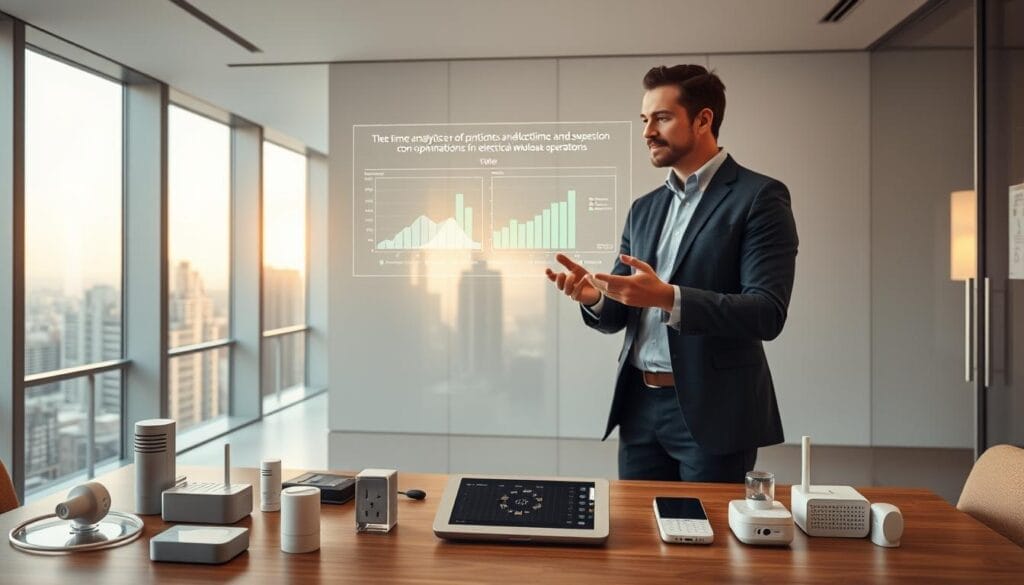 A sleek, minimalist office interior with floor-to-ceiling windows, bathed in warm, diffused lighting. In the foreground, a desk showcases an array of IoT devices and sensors, including smart plugs, motion detectors, and a touchscreen control panel. On the wall behind, a holographic display presents real-time data analytics and optimization suggestions for electrical wholesale operations. In the middle ground, an AI Automation Consultant stands, gesturing to the display, their face partially obscured by a translucent HUD interface. The background features a cityscape of modern high-rises, hinting at the interconnected, smart city infrastructure that powers the IoT solutions.