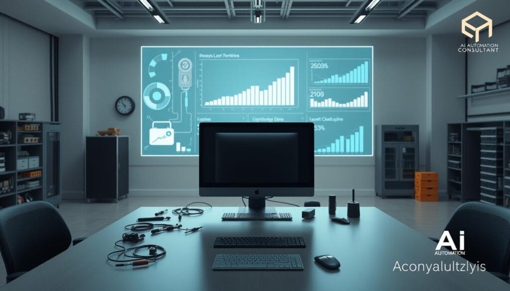 A sleek, modern office interior with a large desk and computer setup in the foreground, representing the "wholesale electrical supply chain optimisation process assessment". The middle ground features various electrical components, wiring, and tools, symbolizing the technical aspects of the process. In the background, a holographic display showcases a data visualization of the supply chain, with graphs and charts highlighting key metrics. Soft, directional lighting creates a professional, analytical atmosphere. An "AI Automation Consultant" logo is subtly placed in the corner, suggesting the expertise behind the assessment.